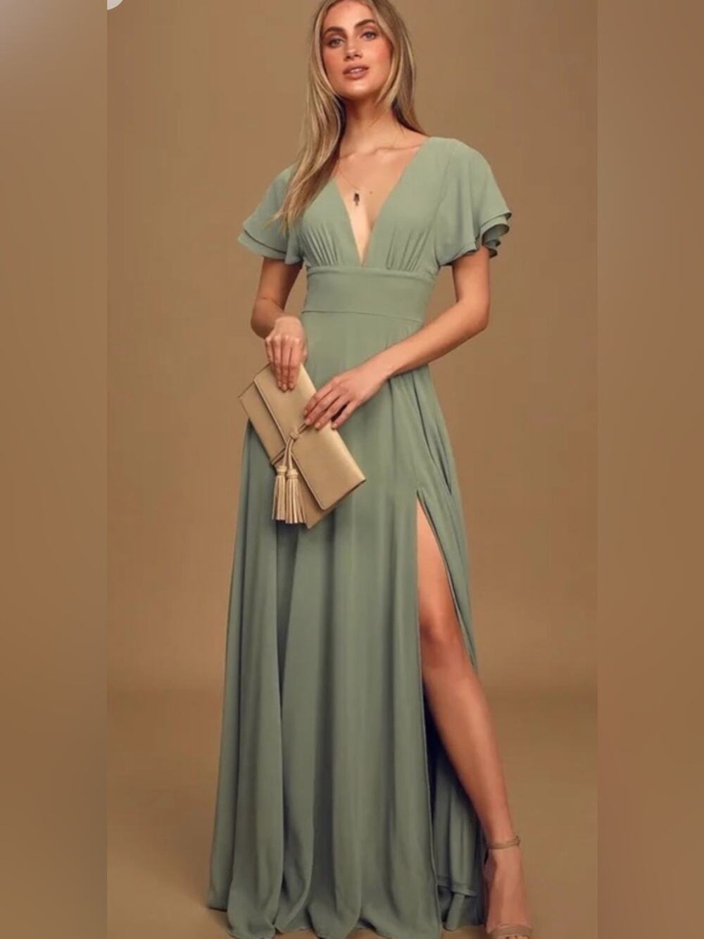 Lulus Sage Green Chiffon Maxi Dress Size L - Read Description